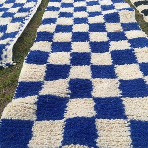 Checkered Rug Blue Wool Berber Handmade Checkerboard Rug Hand Knotted ...