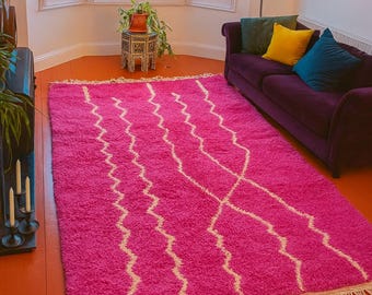 Pink Moroccan Berber Rug 5x8, 4x6, 3x5 – Handmade Wool Rug, Fuchsia Minimalist Abstract Lines
