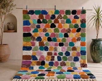 Colorful Moroccan Dots Rug 9x12 – Multicolor Wool Berber Carpet | Handmade Boho Decor