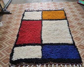 Alfombra marroquí de lana con bloques de color de 4x6 pulgadas: alfombra bereber a cuadros hecha a mano, moderna alfombra bohemia.