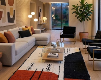 White Black and Terracotta Moroccan Rug Handmade Wool Area Rug