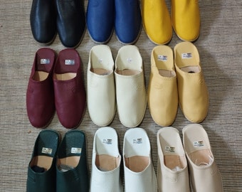 Moroccan slippers for m'en, handmade sheepskin skippers, mens slippers yellow black blue white red