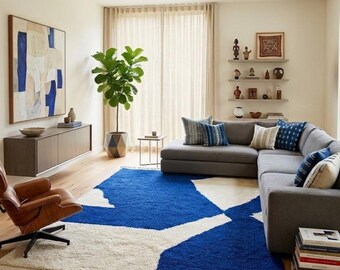 Blue Moroccan Berber Rug 5x8, 4x6, 3x5 – white Blue Modern Geometric Area carpet