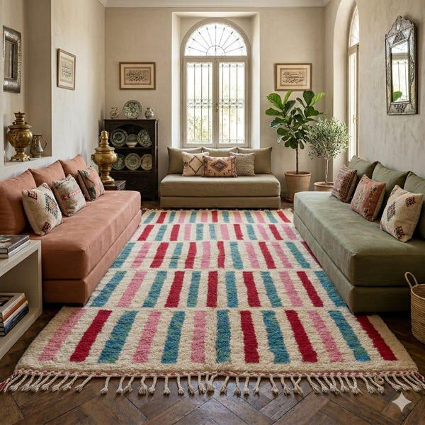 Tapete marroquino colorido de lã, com listras rosa, vermelho e azul, estilo boho, disponível nos tamanhos 3x5, 4x6 e 5x8.