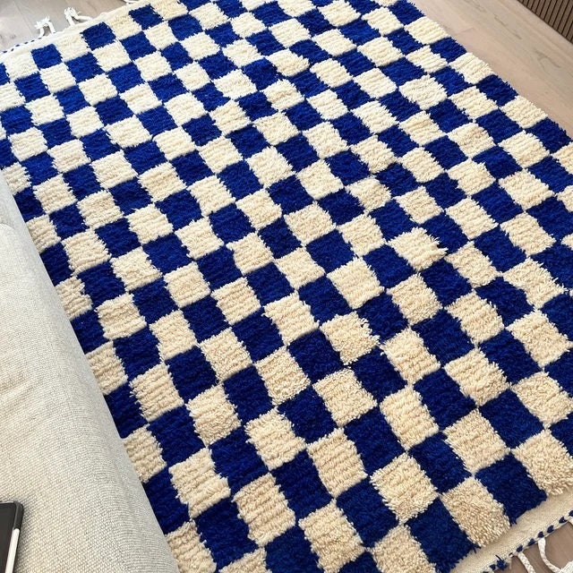 Checkered Rug Blue Wool Berber Handmade Checkerboard Rug Hand Knotted ...