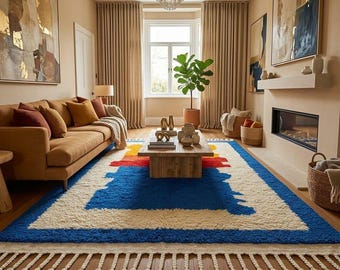 Moroccan Berber Rug 5x8, 4x6, 3x5 – Modern Color Block Design, Blue white Abstract Rug