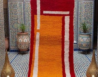 Luxury Moroccan Runner Rug Red Orange Abstract Handmade Wool Hallway Rug