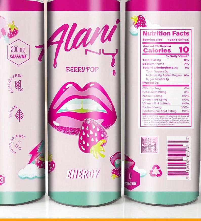 K&ouml;nnte beinhalten: Eine rosa und wei&szlig;e Alani Nu Berry Pop Energy-Drink-Dose. Die Dose zeigt den Text "Alani Nu" und "Berry Pop" zusammen mit einer Grafik von rosa Lippen und einer Erdbeere. Die Dose zeigt auch N&auml;hrwertangaben, einschlie&szlig;lich 200 mg Koffein.