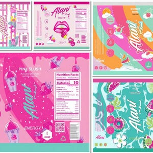 K&ouml;nnte beinhalten: Eine Sammlung farbenfroher Etiketten f&uuml;r Alani Nu Energy Drinks. Designs umfassen rosa, t&uuml;rkisfarbene und orangefarbene Hintergr&uuml;nde mit Grafiken von Lippen, Erdbeeren und Eiscreme. Jedes Etikett zeigt den Markennamen und N&auml;hrwertangaben.