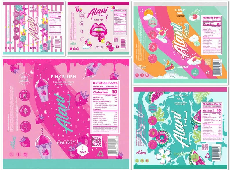 K&ouml;nnte beinhalten: Eine Sammlung farbenfroher Etiketten f&uuml;r Alani Nu Energy Drinks. Designs umfassen rosa, t&uuml;rkisfarbene und orangefarbene Hintergr&uuml;nde mit Grafiken von Lippen, Erdbeeren und Eiscreme. Jedes Etikett zeigt den Markennamen und N&auml;hrwertangaben.