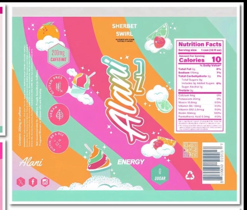 K&ouml;nnte beinhalten: Farbenfrohes Design einer Alani Energy Drink Dose mit Sherbet-Swirl-Thema. Das Etikett enth&auml;lt Text wie "Sherbet Swirl", "200mg Koffein" und "0 Zucker". Das Design enth&auml;lt Illustrationen von Fr&uuml;chten und Eiscreme.