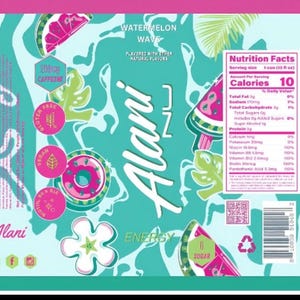 K&ouml;nnte beinhalten: Eine Dose Alani Nu Watermelon Wave Energy-Drink. Die Dose hat einen t&uuml;rkisfarbenen Hintergrund mit Wassermelonen- und Blattillustrationen in Rosa und Gr&uuml;n. Der Text enth&auml;lt "Watermelon Wave", "200mg Koffein" und "Energy".