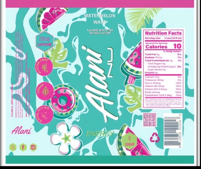 K&ouml;nnte beinhalten: Eine Dose Alani Nu Watermelon Wave Energy-Drink. Die Dose hat einen t&uuml;rkisfarbenen Hintergrund mit Wassermelonen- und Blattillustrationen in Rosa und Gr&uuml;n. Der Text enth&auml;lt "Watermelon Wave", "200mg Koffein" und "Energy".