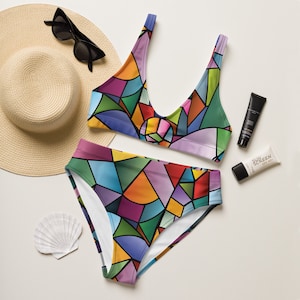 Bikini colorato a vita alta / Bikini in stile vetrate colorate / Costume da bagno due pezzi con motivo geometrico