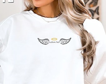 Embroidered Custom Angel Wings Sweatshirt, Angel Crewneck, Angel Halo Sweater, Angel on Earth Sweatshirt, Angel Wings Sweatshirt