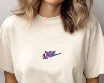 Embroidered Gengar Swoosh Shirt, Anime Swoosh Gym Shirt, Purple Ghost Monster Shirt, Retro Gaming Shirt, Hypebeast Streetwear Gift