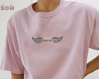 Embroidered Custom Angel Wings Shirt, Angel T-Shirt, Angel Halo Shirt, Angel T-Shirt, Angel on Earth Shirt, Angel Wings Shirt