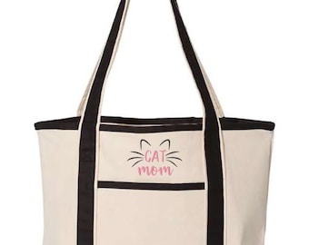 Embroidered Cat Mom Deluxe Tote Bag, Cat Bag, Cat Lovers Bag, Cat Quote Bag, Elegant Cat Bag, Cat Mama Bag, Cat Design Bag