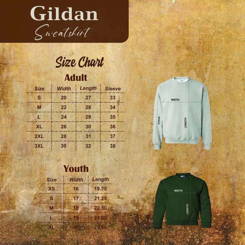 May include: Image showing a Gildan sweatshirt size chart for adult and youth sizes. The chart provides measurements for width, length, and sleeve length in inches. Two sweatshirts are shown, one grey and one dark green, with measurement lines.