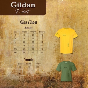 May include: Size chart for Gildan T-shirts in adult and youth sizes. The chart shows the width, length, and sleeve length in inches for each size.