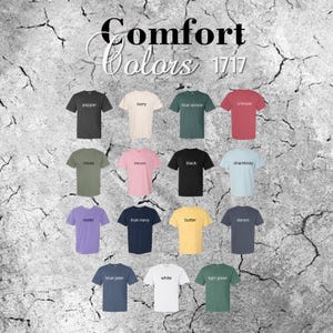 Puede incluir: Una exhibici&oacute;n de camisetas Comfort Colors en varios tonos, incluyendo pimienta, marfil, azul abeto, carmes&iacute;, musgo, flor, negro, chambray, violeta, azul marino, mantequilla, denim, azul vaquero, blanco y verde claro. El texto "Comfort Colors 1717" es visible.
