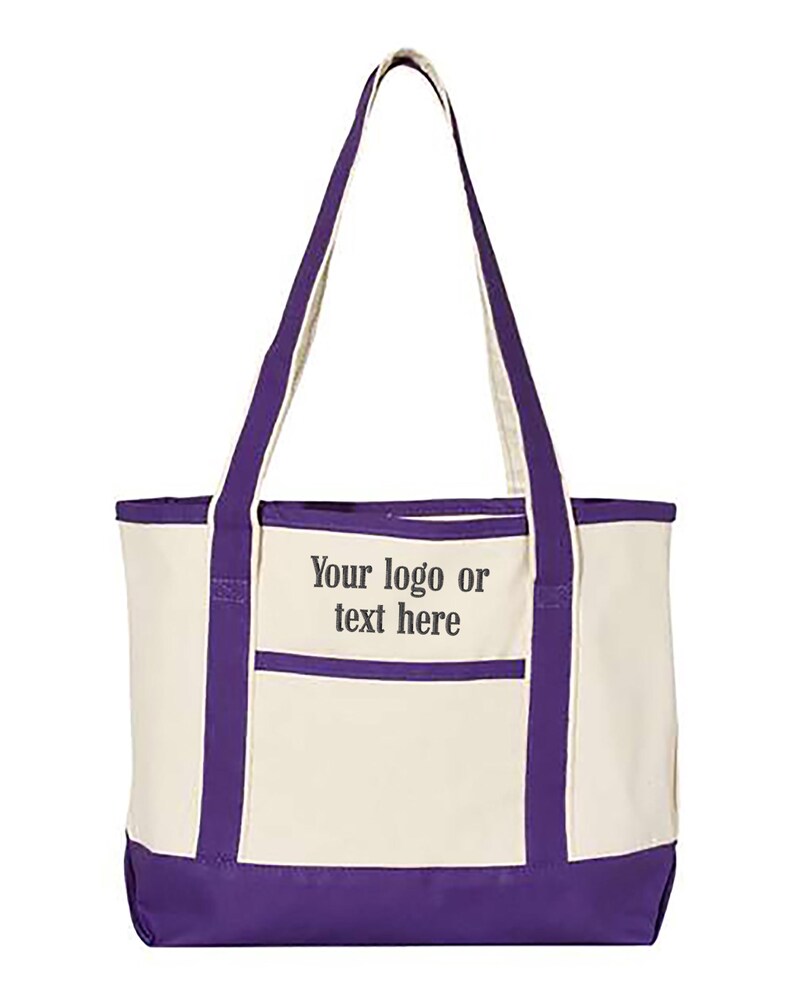 May include: Cream-coloured tote bag with purple accents. The bag has a purple base, trim, and handles. A front pocket displays the text "Your logo or text here". This durable tote is ideal for carrying various items.