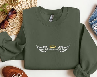 Embroidered Custom Angel Wings Sweatshirt, Angel Crewneck, Angel Halo Sweater, Angel on Earth Sweatshirt, Angel Wings Sweatshirt