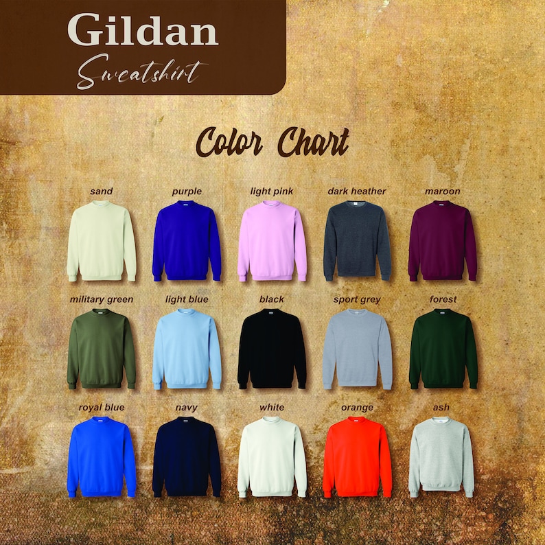 May include: A colour chart showcasing Gildan sweatshirts in a range of colours. The selection includes sand, purple, light pink, dark heather, and maroon. Additional colours are military green, light blue, black, sport grey, forest, royal blue, navy, white, orange, and ash.