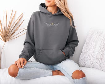 Custom Angel Wings Embroidered Hoodie, Angel Hoodie, Angel Halo Hoodie, Angel on Earth Hoodie, Angel Wings Hoodie, Custom Name Hoodie