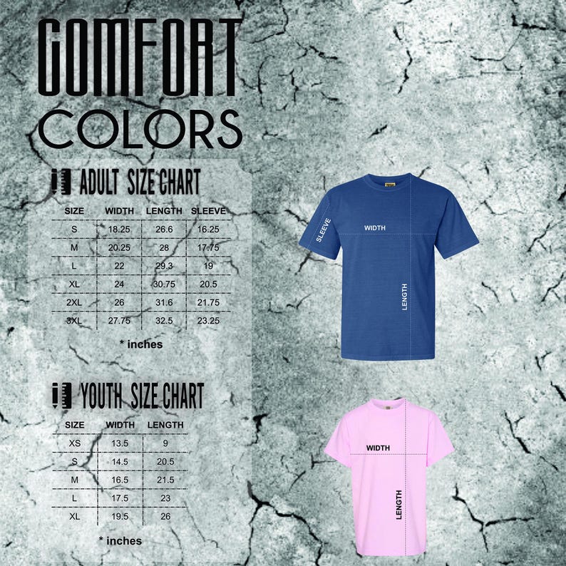Puede incluir: Imagen que presenta una camiseta azul y rosa con tablas de tallas para adultos y j&oacute;venes. La tabla de tallas para adultos muestra medidas en pulgadas para el ancho, el largo y la manga. La tabla de tallas para j&oacute;venes tambi&eacute;n proporciona medidas de ancho y largo en pulgadas. El texto "COMFORT COLORS" est&aacute; en la parte superior.