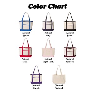 May include: A colour chart showing eight canvas tote bags in different colours. The bags have a natural canvas body with coloured accents on the bottom and handles. Colours include royal blue, navy, black, red, light pink, maroon, purple, and natural.