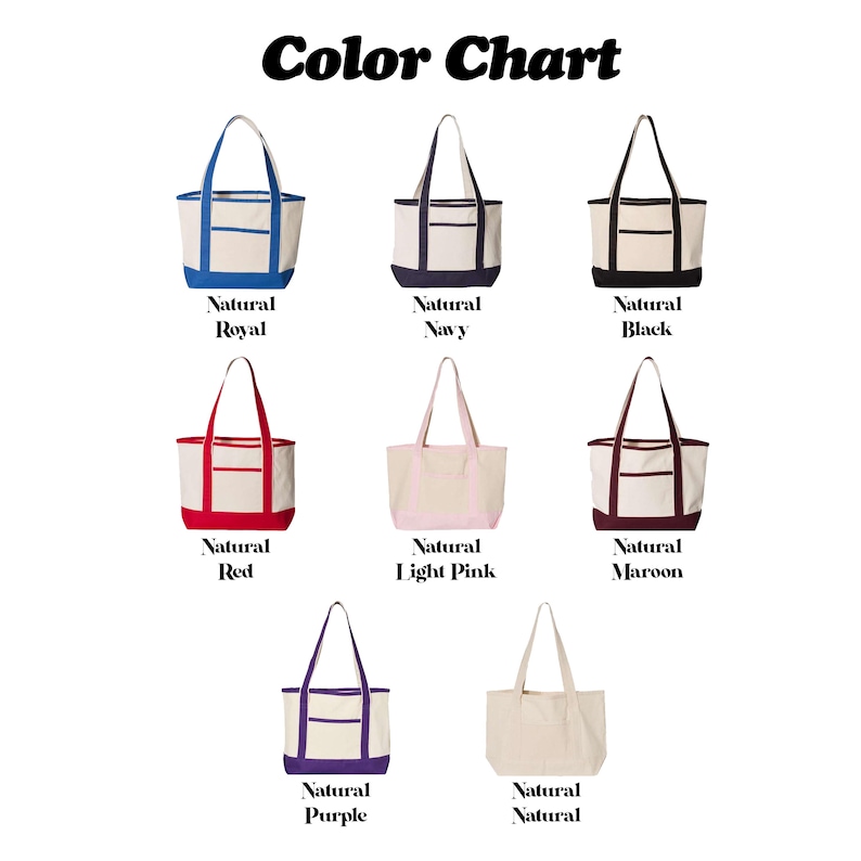 May include: A colour chart showing eight canvas tote bags in different colours. The bags have a natural canvas body with coloured accents on the bottom and handles. Colours include royal blue, navy, black, red, light pink, maroon, purple, and natural.