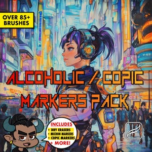 以下が含まれることがあります： 未来都市の背景に、紫色の髪とヘッドセットをつけた女性のデジタルイラスト。 「Alcoholic/Copic Markers Pack」というテキストが赤と白のピクセル文字で表示されています。 「Includes: Dry Erasers, Micron Markers, Copic Markers + More!」というテキストが黄色のボックスに表示されています。