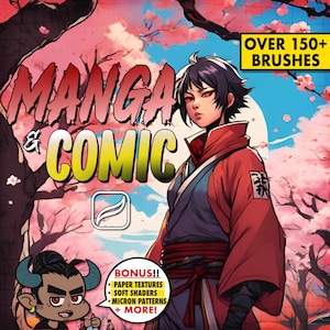 May include: A digital illustration of a manga character with red and blue clothing, standing in front of a pink and white cherry blossom background. The text "MANGA & COMIC" is in large, yellow letters. The text "OVER 150+ BRUSHES" is in a white box with a black border. The text "BONUS!! PAPER TEXTURES SOFT SHADERS MICRON PATTERNS + MORE!" is in a white box with a black border.