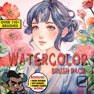 Pode incluir: Conjunto de pincéis de aquarela com mais de 110 pincéis, com uma ilustração de aquarela de uma mulher com cabelo azul e bochechas rosadas, cercada por flores. O texto "WATERCOLOR BRUSH PACK" está em letras vermelhas grandes. O texto "BONUS!!" está em amarelo com uma lista de recursos adicionais: texturas de papel, sombreamentos suaves, carimbos de flores e muito mais.