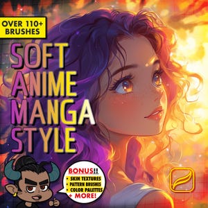 以下が含まれることがあります： 柔らかなアニメマンガスタイルでスタイリングされた、長い紫とオレンジの髪をした若い女性のデジタルイラスト。画像は暖かく、オレンジと黄色の背景に設定されています。「OVER 110+ BRUSHES SOFT ANIME MANGA STYLE」というテキストが、大きくカラフルな文字で表示されています。「BONUS!! SKIN TEXTURES PATTERN BRUSHES COLOR PALETTES + MORE!」というテキストが、女性の画像の下に小さな文字で表示されています。