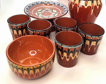 Set of decorative ceramic mugs, jugs, bowls and footed bowls, 1970s Bulgaria, with flowing glaze decoration, vintage