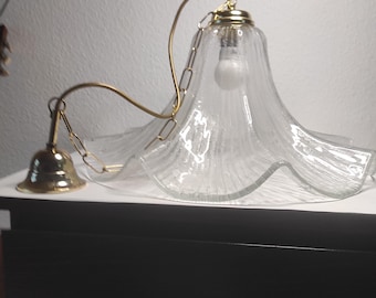 Large flower-shaped Murano pendant lamp, ice glass with stripes of melted elements and chain in gold and brass colors, 1980s West Germany