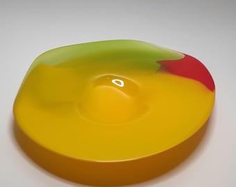 1980s/1990s large tricolor glass bowl, handmade, polished base, vintage tricolore, Ø35 cm, H 5.5 cm