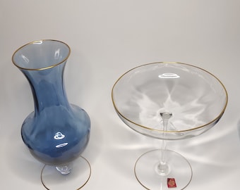 Freiherr v. Poschinger 1970er elegantes Set aus Vase und Tafelaufsatz mit Goldrand blau farblos gold