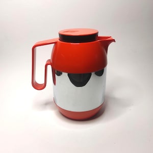 Small 1970s Thermos jug inside Rosaline glass, outside orange chrome handle jug industrial design insulated jug coffee pot space age teapot