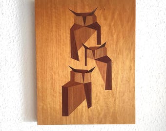 Wall art with 3 wooden owls, inlaid, handmade, 1991