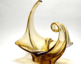 Small hexagonal glass art basket, amber-colored glass bowl