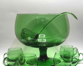 Magnificent Italian punch set Empoli 1960s handmade style by Toso Bagnoli vetro verde Aventurine / Emerald Green Woodruff May punch