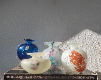 4 miniature vases by Michael Harris, Mdina, Malta, 2 marked, 3 signed, 1970s, 1 satin glass, handmade