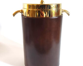 Grote Freddotherm ijsemmer uit de jaren 80, Zwitserland, cilindrisch, bruin/goud, hoogte 23 cm, diameter 14 cm, imitatieleer