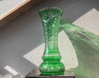 13.78&quot; 35 cm high Polish splendid vase Bohemian style 1940s 1950s emerald green cut, base 14 cm green crystal vase overlay glass vase