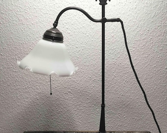 Decorative vintage gooseneck lamp with overlay shade and heavy, decorative base, cobbler lamp in 1900s style