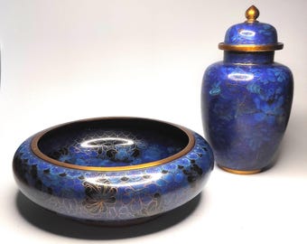 Mid Century Cloisonne bowl and lidded box from China with blue enamel