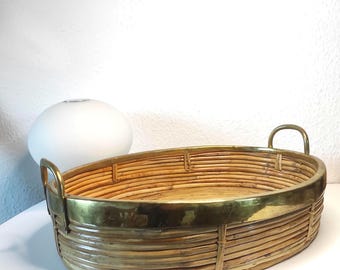 Elegant large 1970s Italian rattan centerpiece, tall serving tray, gift basket, very rare